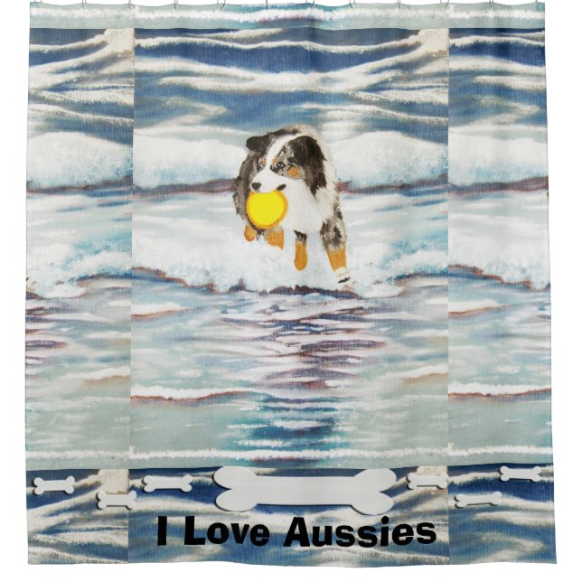 Australian Shepherd "Yippee" Frisbee Shower Decor Curtain (Front)