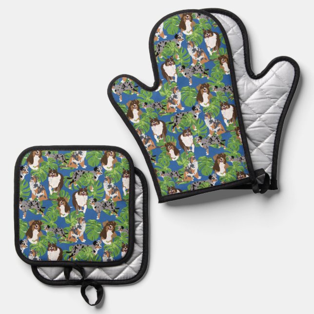 Australian Shepherds Aussies and Tropical Leaves Oven Mitt & Pot Holder Set (Front/Back)