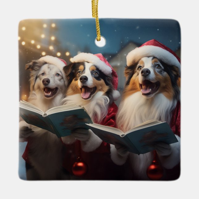 Australian Shepherds Christmas Caroling Holiday Ceramic Ornament (Front)