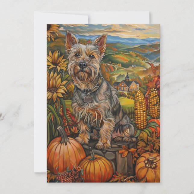 Australian Terrier Autumn Harvest Thanksgiving Holiday Card (Front)