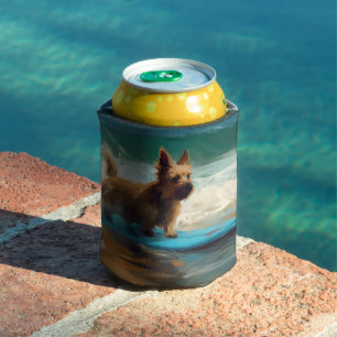 Australian Terrier Beach Surfing Painting Can Cooler