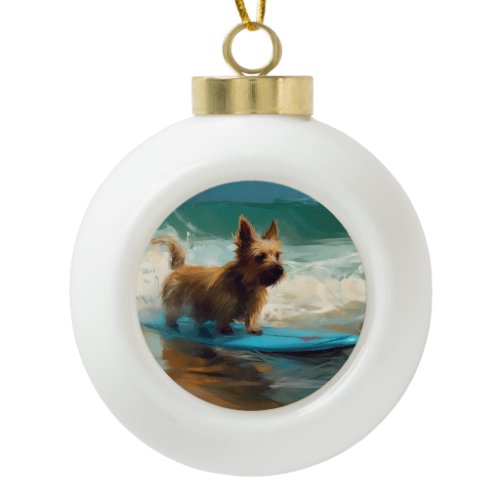 Australian Terrier Beach Surfing Painting  Ceramic Ball Christmas Ornament