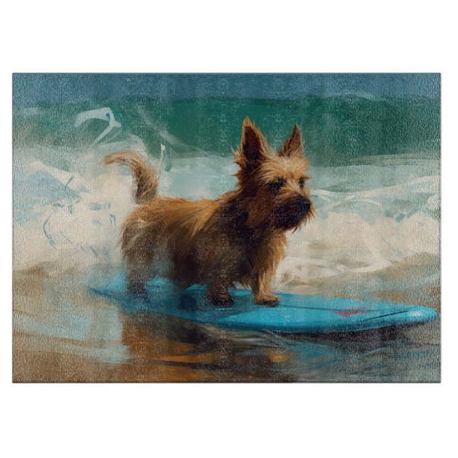 Australian Terrier Beach Surfing Painting  Cutting Board (Front)
