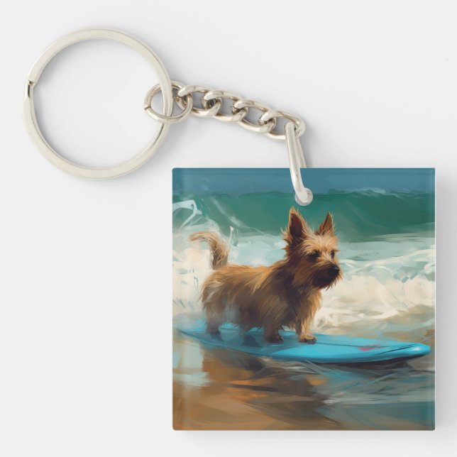 Australian Terrier Beach Surfing Painting  Keychain (Front)