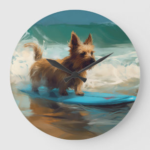 Australian Terrier Beach Surfing Painting Large Clock