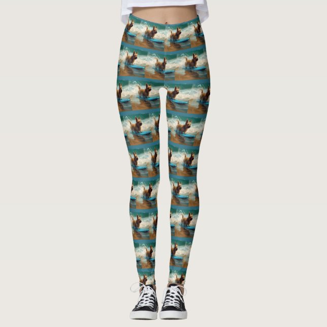 Australian Terrier Beach Surfing Painting  Leggings (Front)