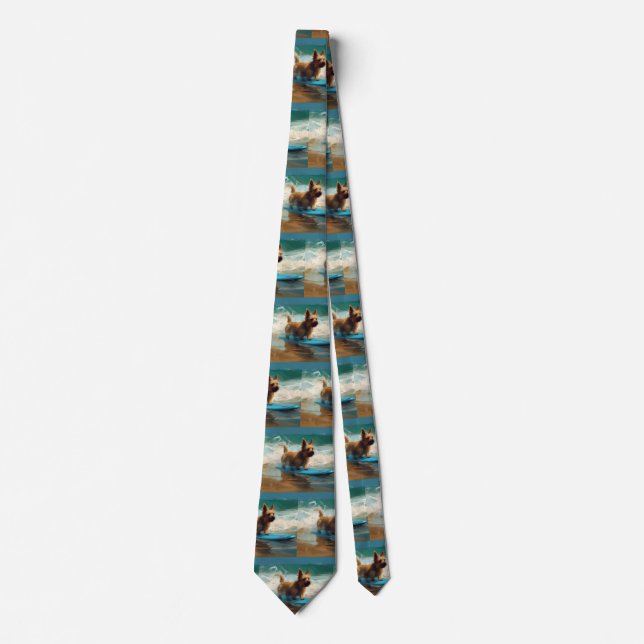 Australian Terrier Beach Surfing Painting  Neck Tie (Front)