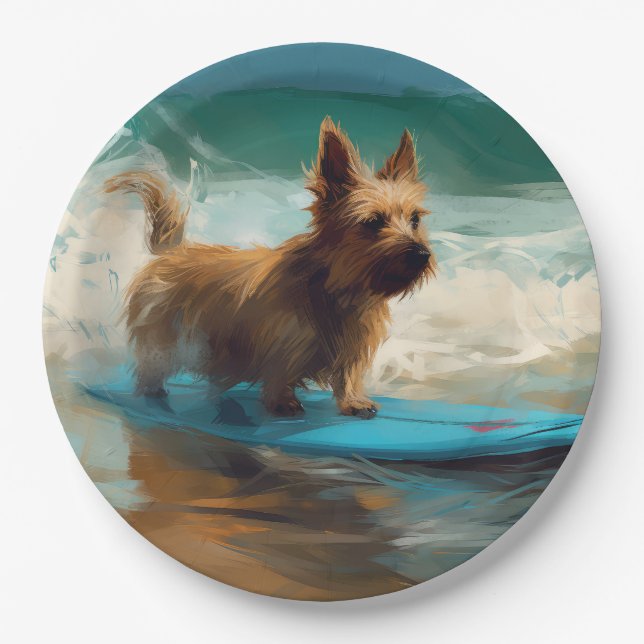 Australian Terrier Beach Surfing Painting  Paper Plates (Front)