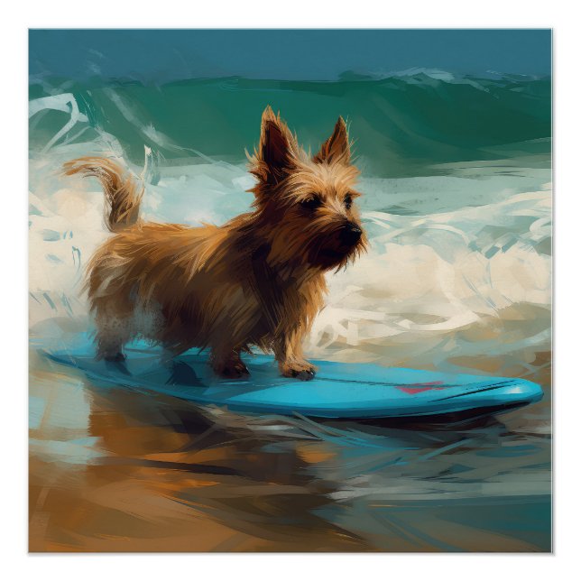 Australian Terrier Beach Surfing Painting  Poster (Front)