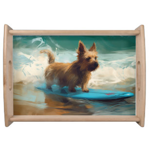 Australian Terrier Beach Surfing Painting Serving Tray