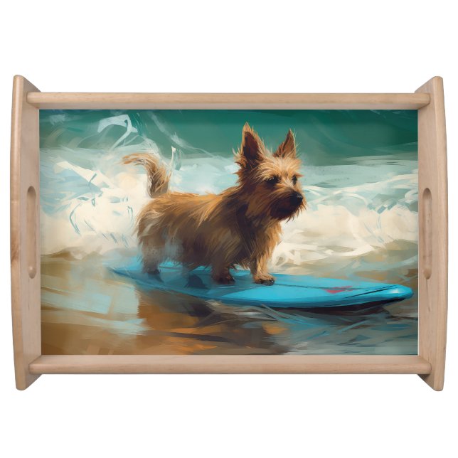 Australian Terrier Beach Surfing Painting  Serving Tray (Front)
