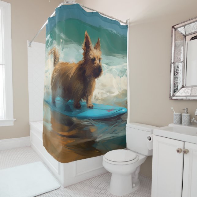 Australian Terrier Beach Surfing Painting  Shower Curtain (In Situ)
