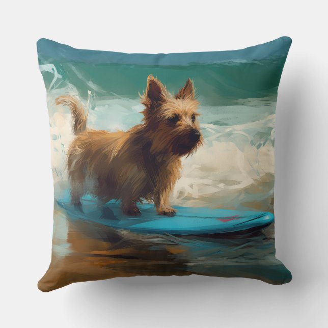Australian Terrier Beach Surfing Painting  Throw Pillow (Back)