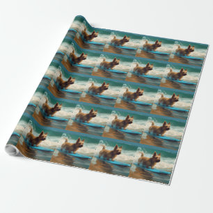 Australian Terrier Beach Surfing Painting Wrapping Paper