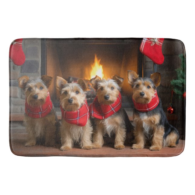 Australian Terrier by the Fireplace Christmas Bath Mat (Front)