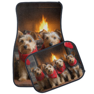 Australian Terrier by the Fireplace Christmas Car Floor Mat