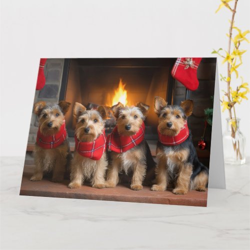 Australian Terrier by the Fireplace Christmas Card