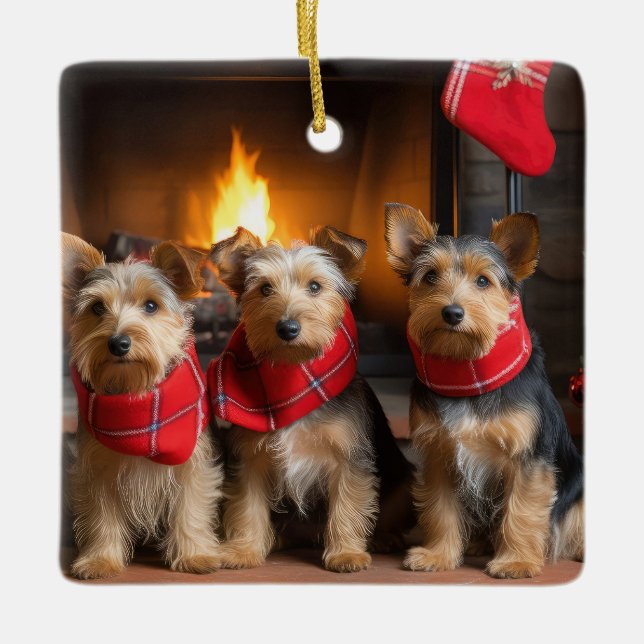 Australian Terrier by the Fireplace Christmas Ceramic Ornament (Front)
