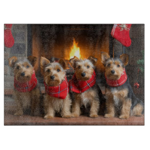 Australian Terrier by the Fireplace Christmas Cutting Board