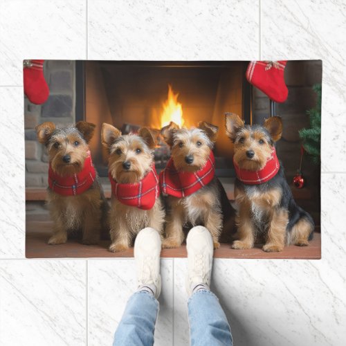 Australian Terrier by the Fireplace Christmas Doormat