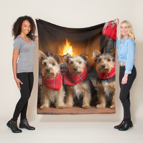 Australian Terrier by the Fireplace Christmas Fleece Blanket