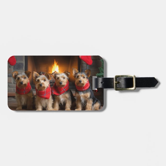 Australian Terrier by the Fireplace Christmas Luggage Tag (Front Horizontal)