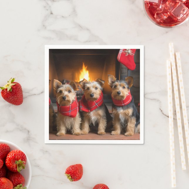 Australian Terrier by the Fireplace Christmas Napkins (Insitu)