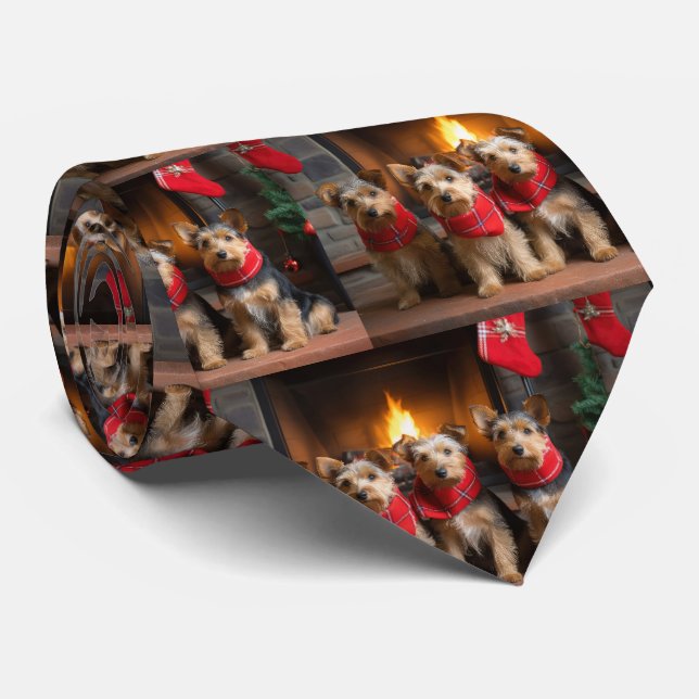 Australian Terrier by the Fireplace Christmas  Neck Tie (Rolled)