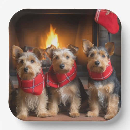 Australian Terrier by the Fireplace Christmas Paper Plates