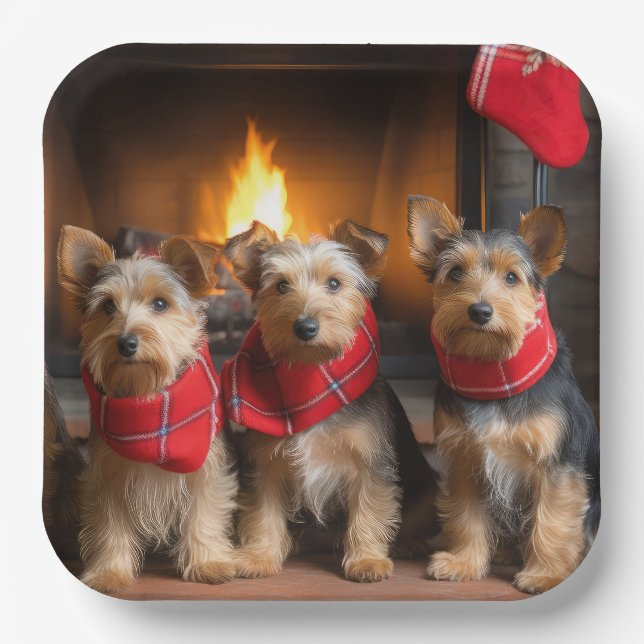 Australian Terrier by the Fireplace Christmas Paper Plates (Front)