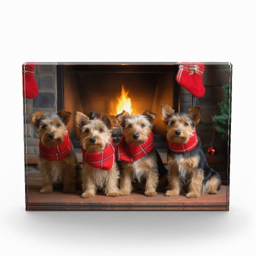 Australian Terrier by the Fireplace Christmas Photo Block