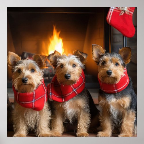 Australian Terrier by the Fireplace Christmas Poster