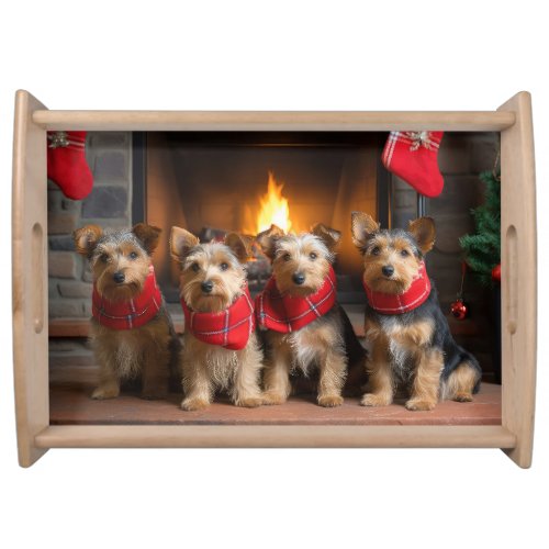 Australian Terrier by the Fireplace Christmas Serving Tray