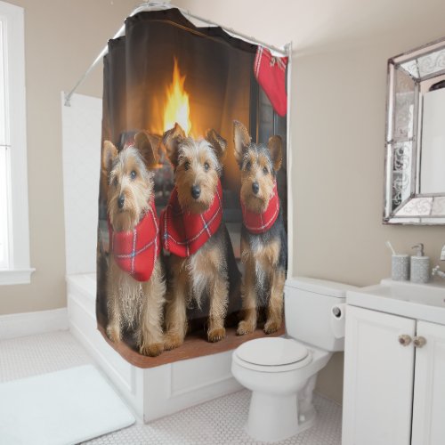 Australian Terrier by the Fireplace Christmas Shower Curtain