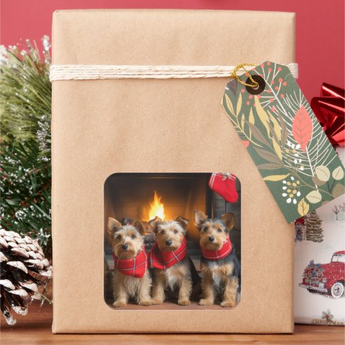 Australian Terrier by the Fireplace Christmas Square Sticker
