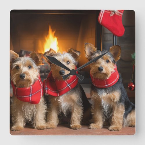 Australian Terrier by the Fireplace Christmas Square Wall Clock