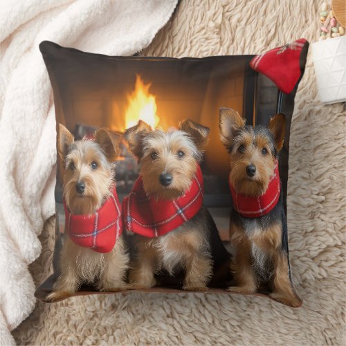 Australian Terrier by the Fireplace Christmas Throw Pillow