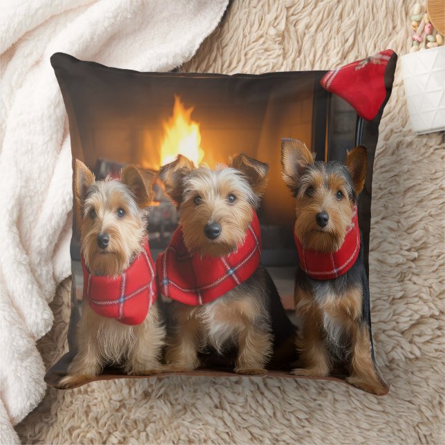 Australian Terrier by the Fireplace Christmas Throw Pillow (Blanket)