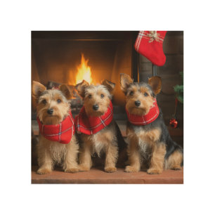 Australian Terrier by the Fireplace Christmas Wood Wall Art