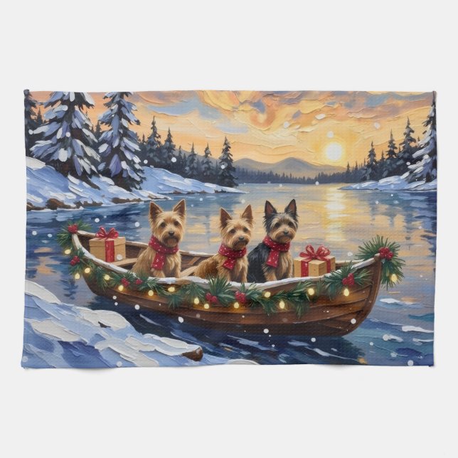 Australian Terrier Christmas Boat Holiday Kitchen Towel (Horizontal)