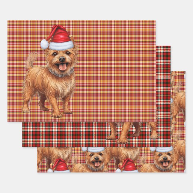 Australian Terrier Christmas Dog Red Plaid Wrapping Paper Sheets (Set)