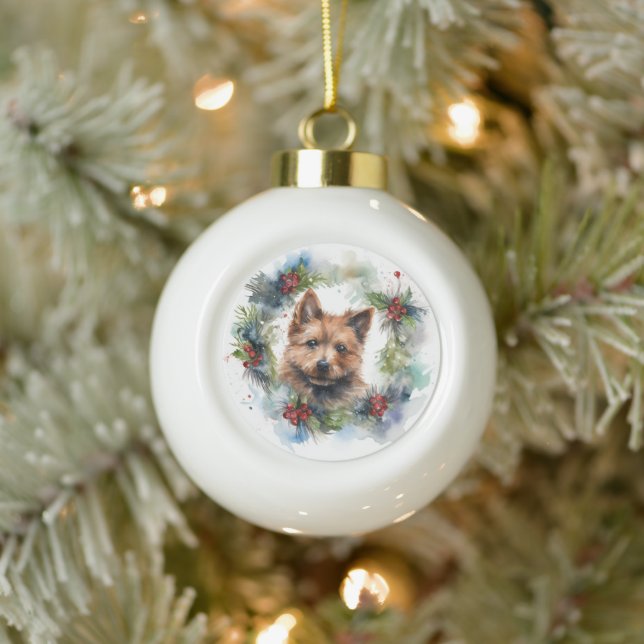 Australian Terrier Christmas Wreath Festive Pup  Ceramic Ball Christmas Ornament (Tree)