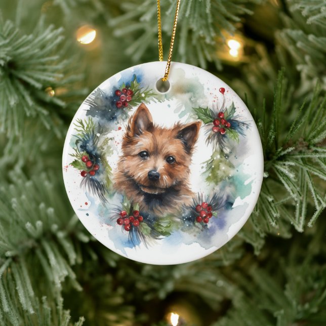 Australian Terrier Christmas Wreath Festive Pup  Ceramic Ornament (Tree)