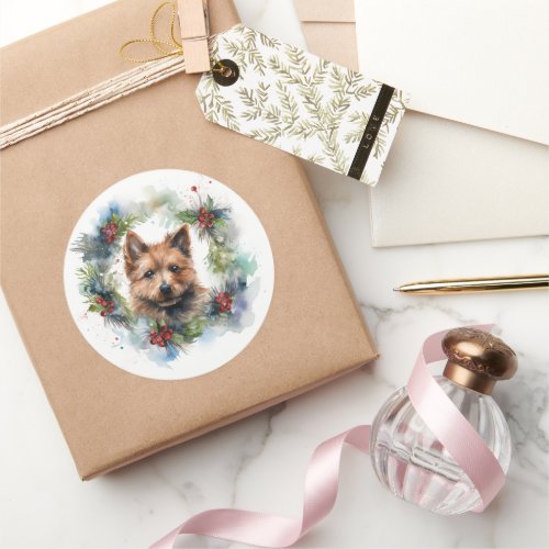 Australian Terrier Christmas Wreath Festive Pup  Classic Round Sticker