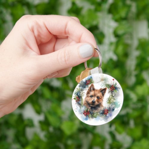 Australian Terrier Christmas Wreath Festive Pup  Keychain