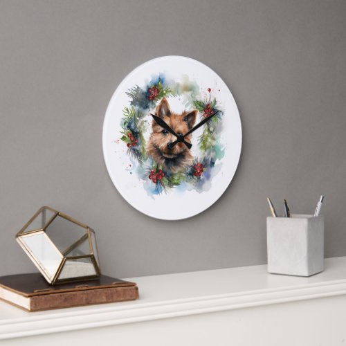 Australian Terrier Christmas Wreath Festive Pup  Large Clock