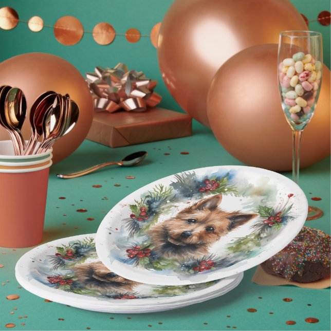 Australian Terrier Christmas Wreath Festive Pup  Paper Plates (Multi)