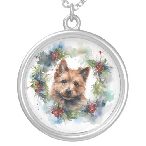Australian Terrier Christmas Wreath Festive Pup  Silver Plated Necklace