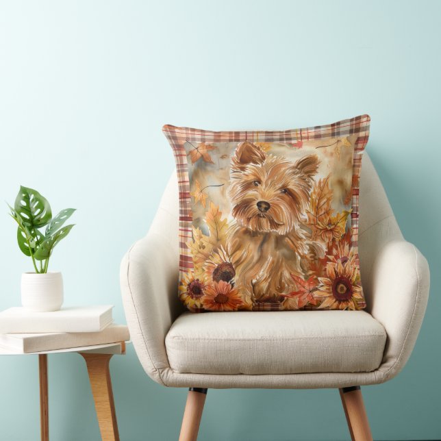 Australian Terrier Dog Fall Watercolor Flowers Throw Pillow (Chair)