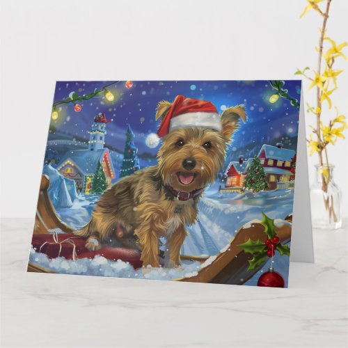 Australian Terrier Dog in Sleigh Snow Christmas Card